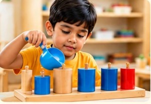 Child learning through hands-on Montessori materials